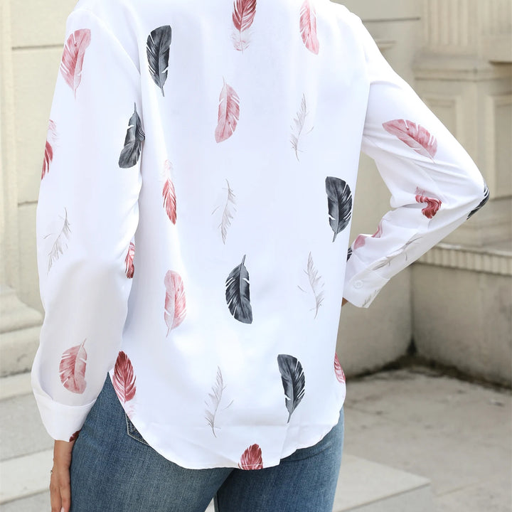 Casual Turn-Down Collar Front Button Feather Print Long Sleeved Shirt Women Blouse