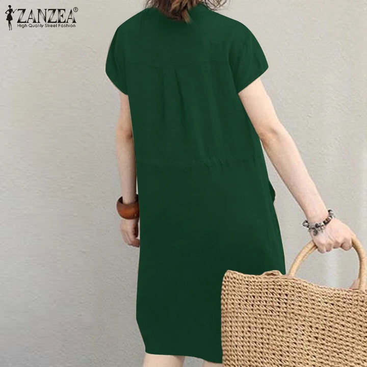 ZANZEA Summer V-Neck Dress - Short Sleeve Drawstring Waist Knee-Length Sundress