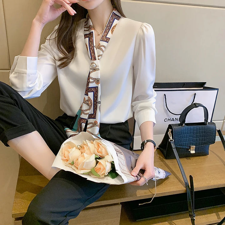 Spring Chiffon Blouse - Bow Long Sleeve Office Lady Casual Top