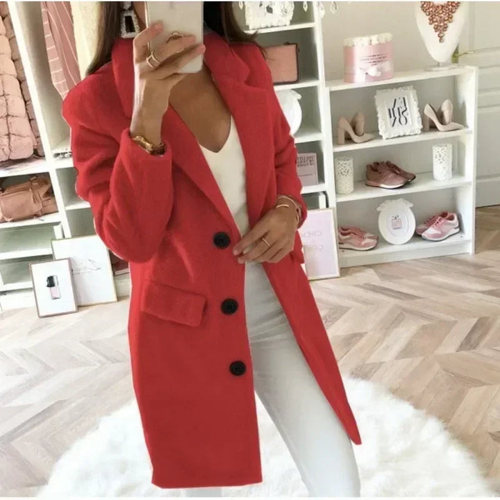 Women's Double-Breasted Woolen Coat with Suit Collar – Elegant Medium Length