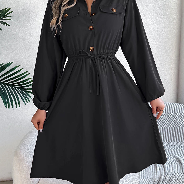 Elegant Button Front Lantern Sleeve Dress - Cinched Waist