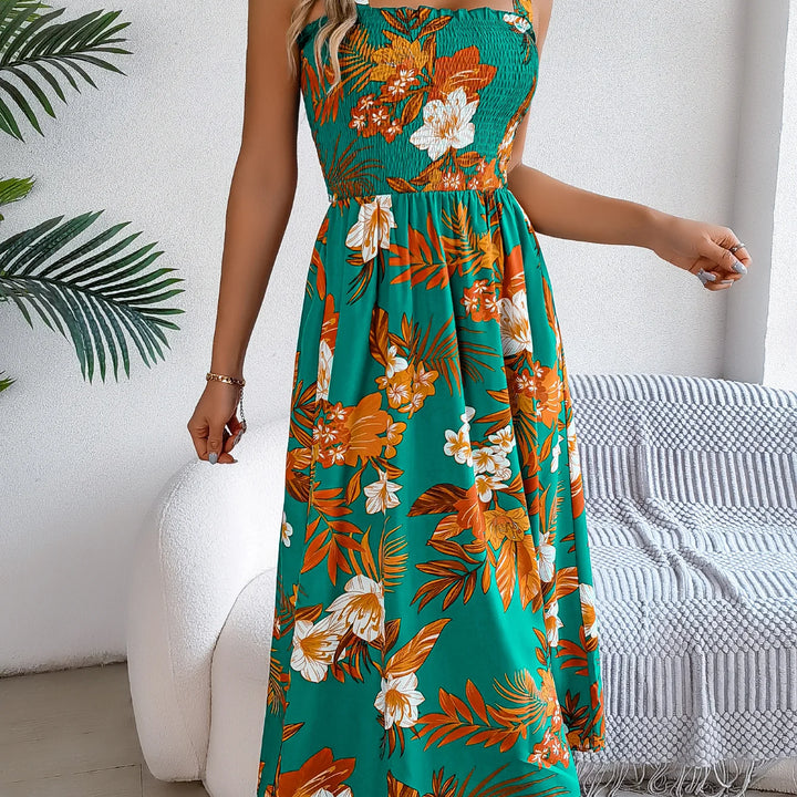 Elegant Square Neck Floral Dress - Waist-Tied Summer Vacation Outfit