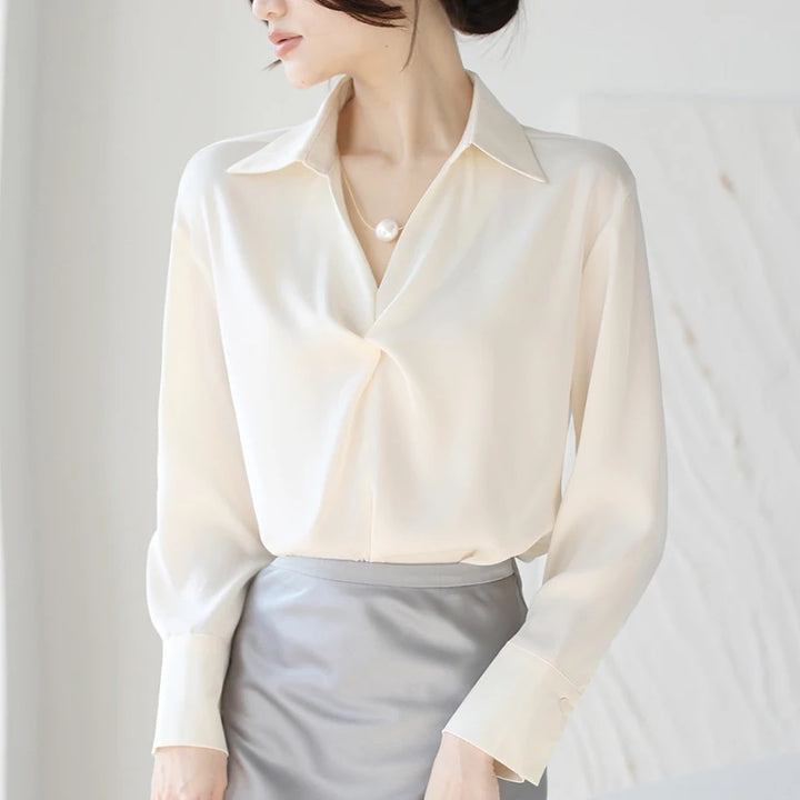 Autumn Casual Turn-Down Collar Blouse - Off-White Chiffon Long Sleeve Shirt