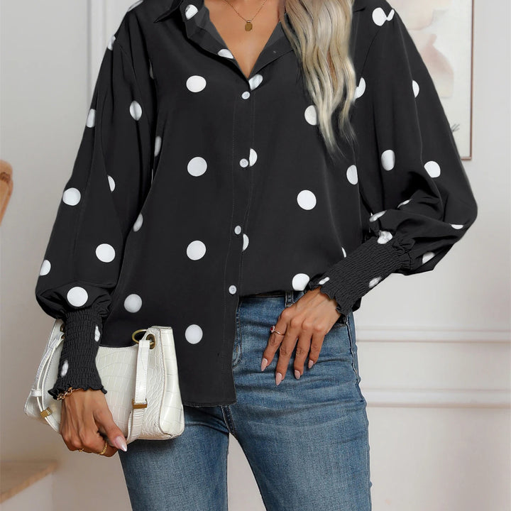 Casual Lapel Button Down Balloon Polka Dot Print  Lantern Sleeve Shirt