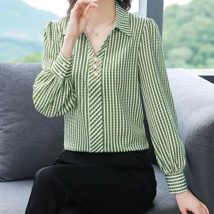 Striped Print Fashion Blouse - Elegant Office Lady Long Sleeve Shirt