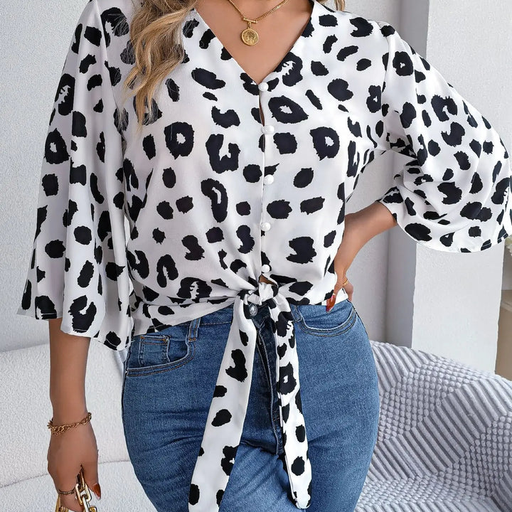 Casual V Neck 3/4 Sleeve Button Front Leopard Print Blouse, Women's Clothing