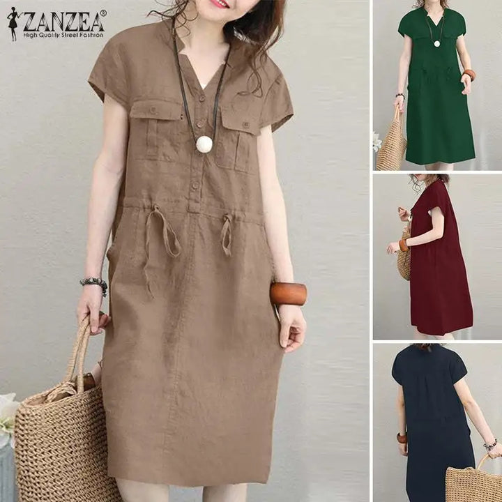 ZANZEA Summer V-Neck Dress - Short Sleeve Drawstring Waist Knee-Length Sundress