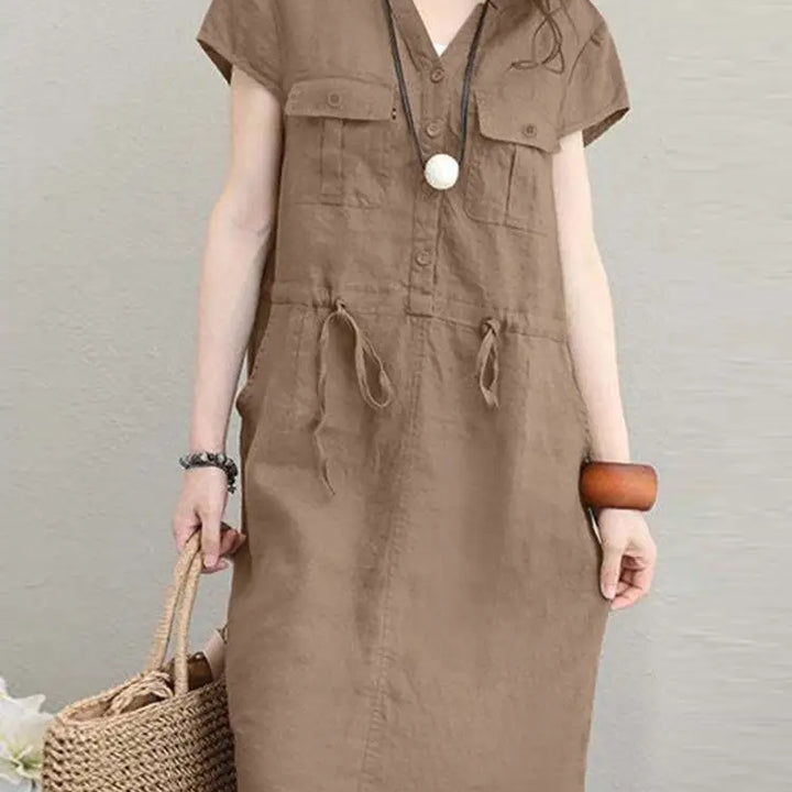 ZANZEA Summer V-Neck Dress - Short Sleeve Drawstring Waist Knee-Length Sundress