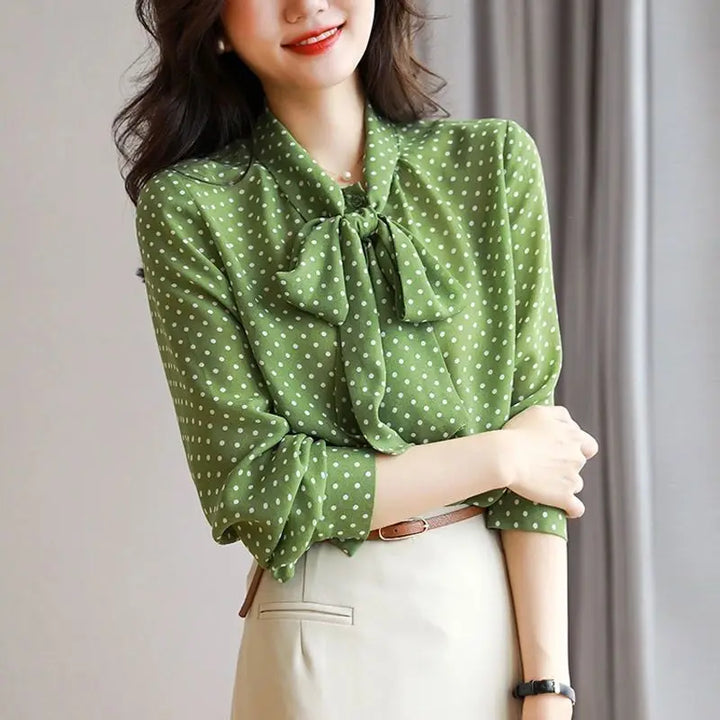 Spring Autumn Shawl Collar Blouse - Bow Polka Dot Long Sleeve Cardigan