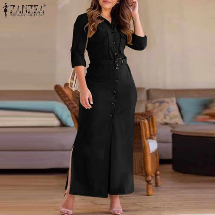 ZANZEA Women's Turn-Down Collar Belted Long Sleeve Maxi Shirtdress