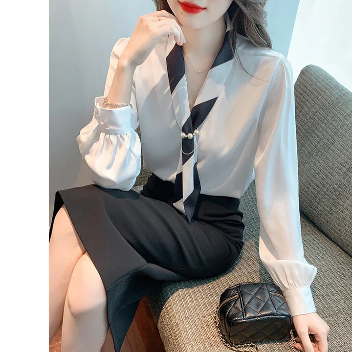 Chiffon Blouse for Women - Elegant Lace-Up V-Neck Long Sleeve Office Top