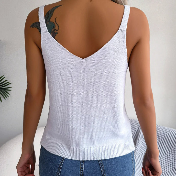 Casual V-neck Metal Buckle Hollowed Out Sleeveless Knitted Tank Top