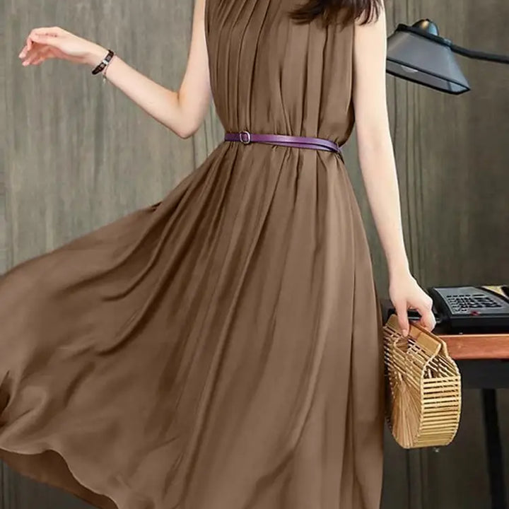 ZANZEA Vintage Stand Collar Swing Dress - Pleated Loose Fit Summer Sundress