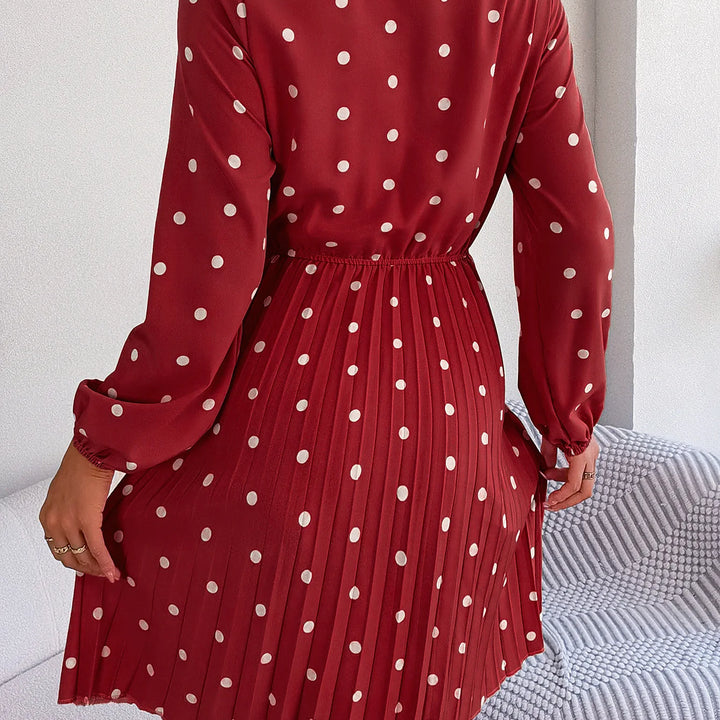 Casual Tie-neck Polka-dot Print Cinched Waist Pleat Dress For Women