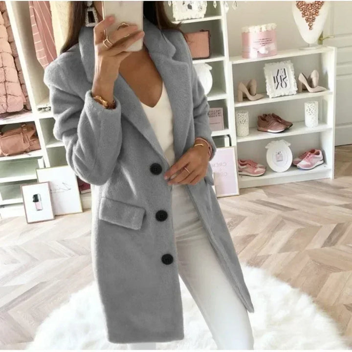 Women's Double-Breasted Woolen Coat with Suit Collar – Elegant Medium Length