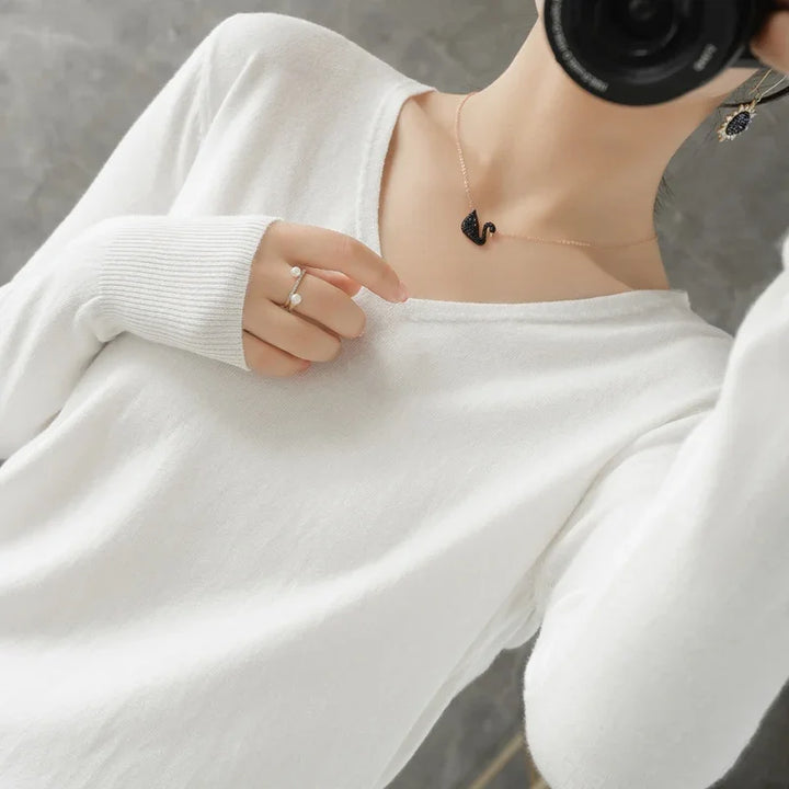 Women's V-Neck Knitted Sweater - Spring Autumn Cashmere Pullover