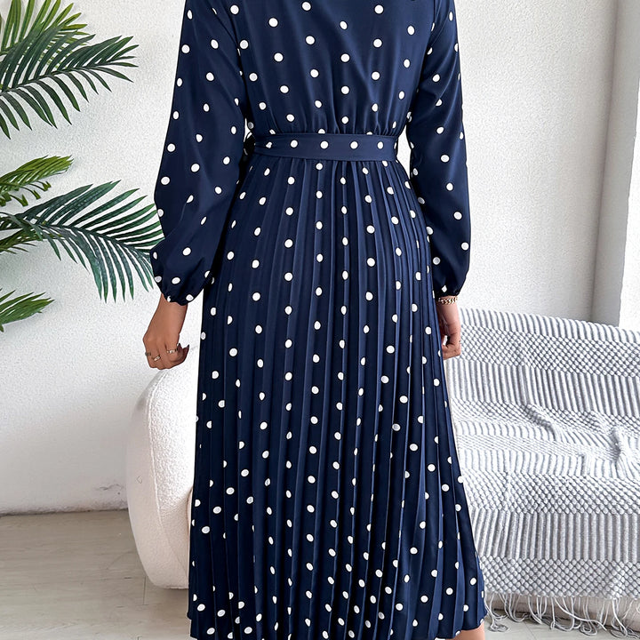 Elegant Surplice Neck Polka Dot Pleated Dress - Long Sleeve Belted