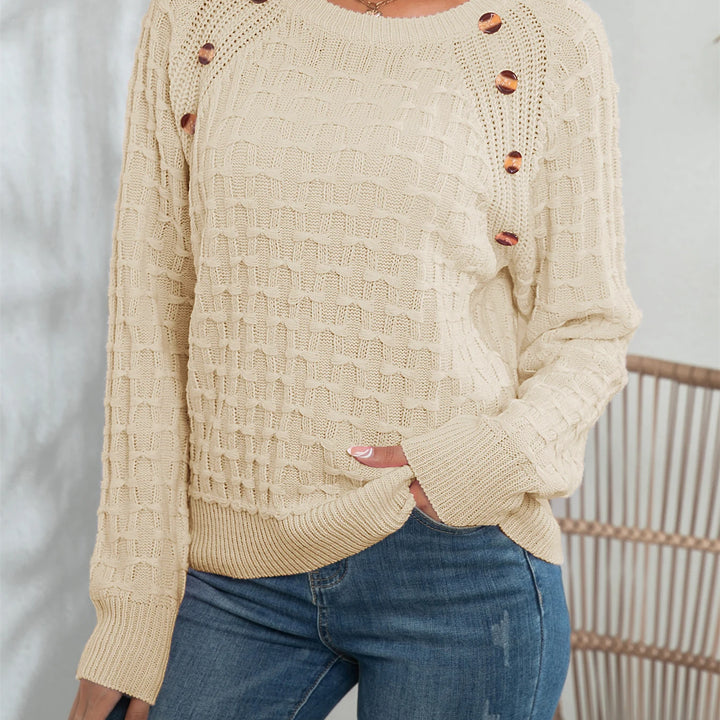 Casual Round Neck Twisted Button Sweater - Long Sleeve Knitted Pullover