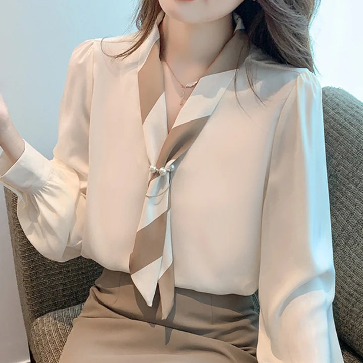 Chiffon Blouse for Women - Elegant Lace-Up V-Neck Long Sleeve Office Top