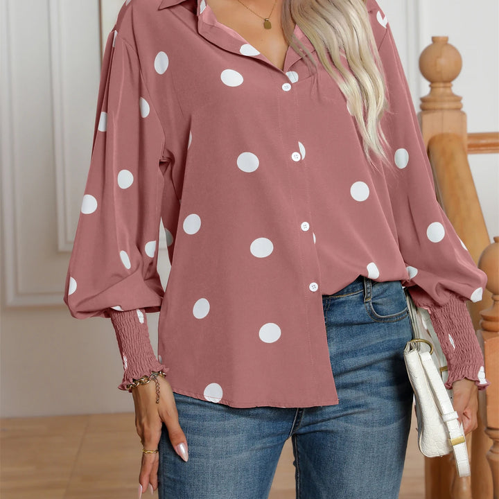 Casual Lapel Button Down Balloon Polka Dot Print  Lantern Sleeve Shirt