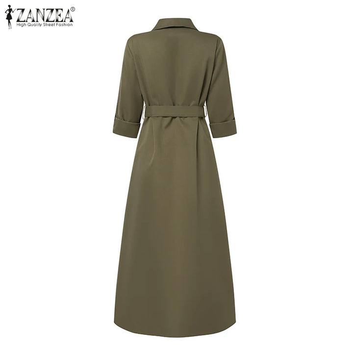 ZANZEA Women's Turn-Down Collar Belted Long Sleeve Maxi Shirtdress