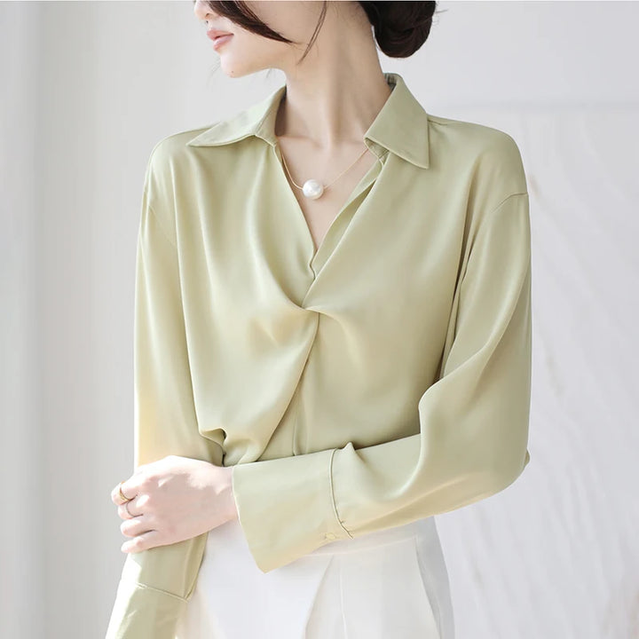 Autumn Casual Turn-Down Collar Blouse - Off-White Chiffon Long Sleeve Shirt