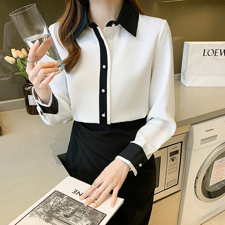 Contrast Color Single Row Pearl Buckle Office Blouse Female Shirt Long Sleeve Casual Tops Autumn Women Loose Blouses