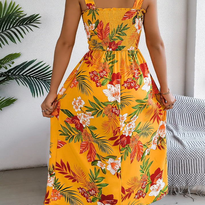 Elegant Square Neck Floral Dress - Waist-Tied Summer Vacation Outfit