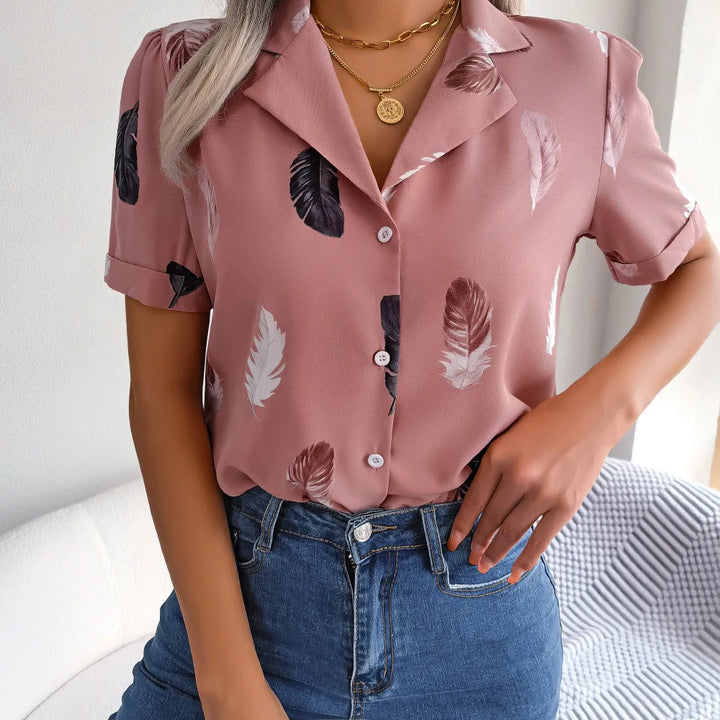 Spring Summer Casual Notched Collar Button Front Feather Printed Short Sleeved Shirt Women Blouse