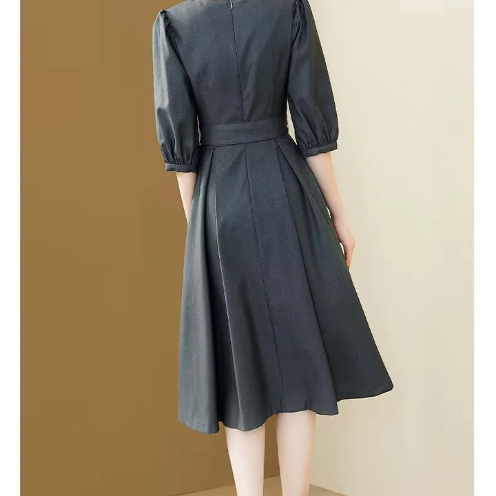 Fashionable Office Midi Dress for Women – Puff Sleeves, A-Line with Belt