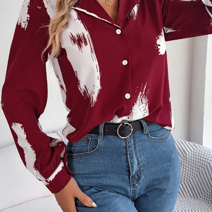 Elegant Long Sleeve Brush Print Button Front Work Office Shirt