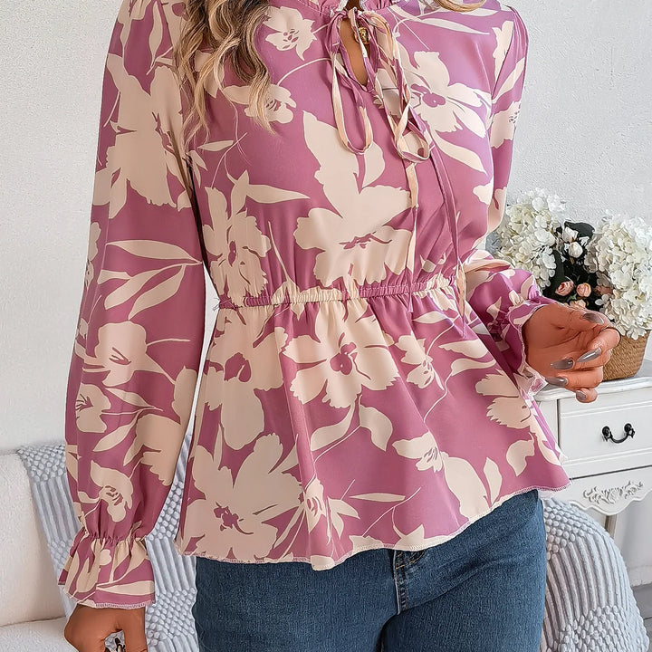 Vacation Style Tie Neck Long Sleeve Waist-tied Floral Print Blouse