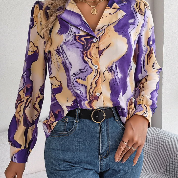 Casual All Over Print Notch Collar Button Long Sleeve Shirt