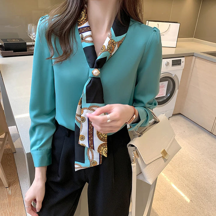 Spring Chiffon Blouse - Bow Long Sleeve Office Lady Casual Top