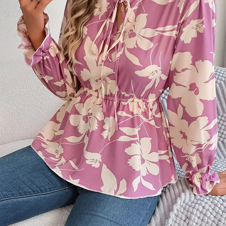 Vacation Style Tie Neck Long Sleeve Waist-tied Floral Print Blouse