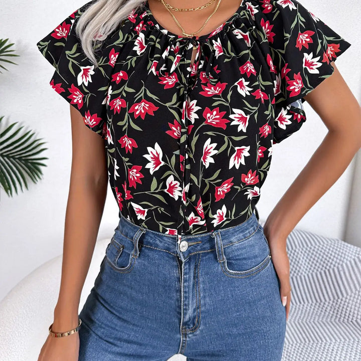 Floral Drawstring Blouse - Casual Crew Neck Short Sleeve Top