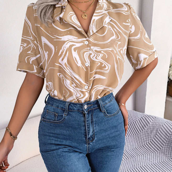 New Casual Lapel Button Front Ripple Print Short Sleeve Shirt For Summer Women's Clothing