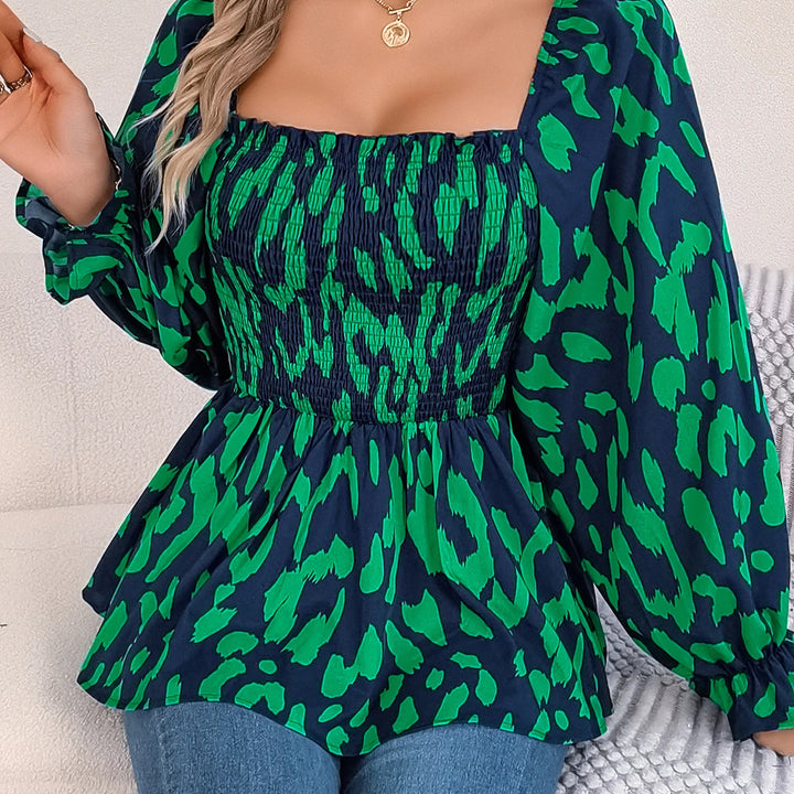 Casual Allover Print Square Neck Shirred Ruffle Hem Blouse