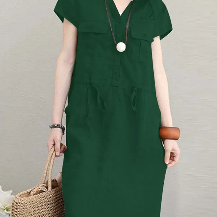 ZANZEA Summer V-Neck Dress - Short Sleeve Drawstring Waist Knee-Length Sundress