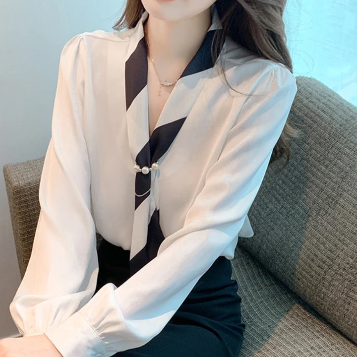 Chiffon Blouse for Women - Elegant Lace-Up V-Neck Long Sleeve Office Top