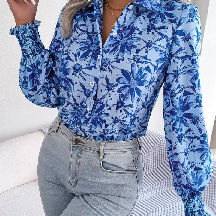 Casual Lapel Button Long Sleeve  Flower Print Shirts