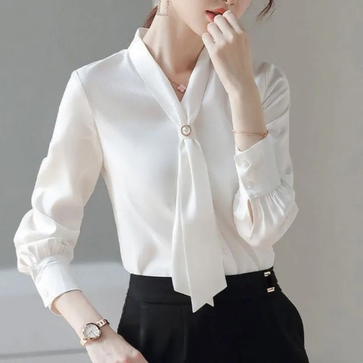 Women's Spring Bow Tie Blouse - Casual Long Sleeve Shirt