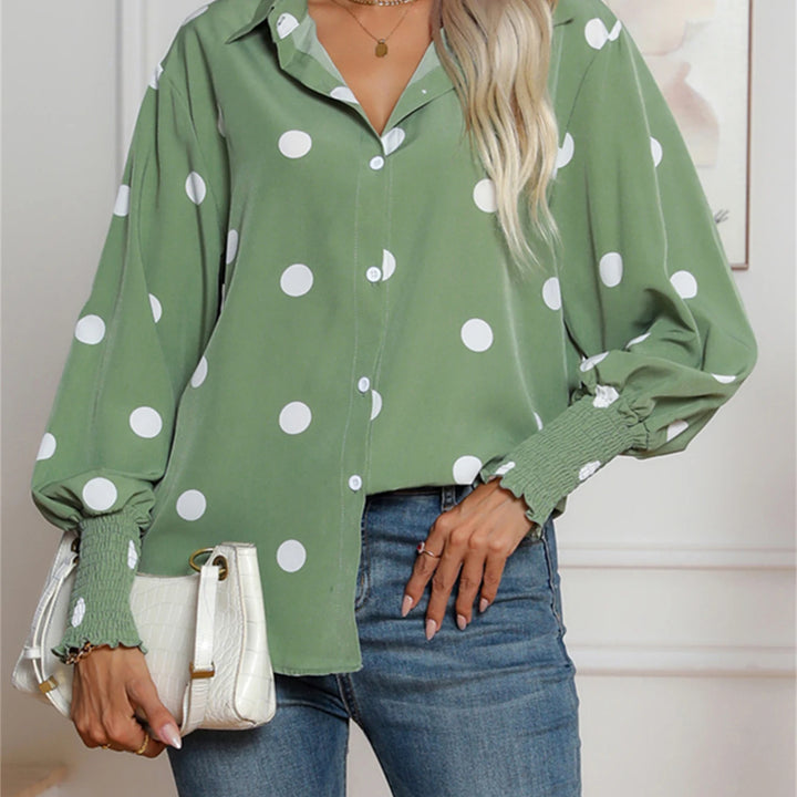 Casual Lapel Button Down Balloon Polka Dot Print  Lantern Sleeve Shirt