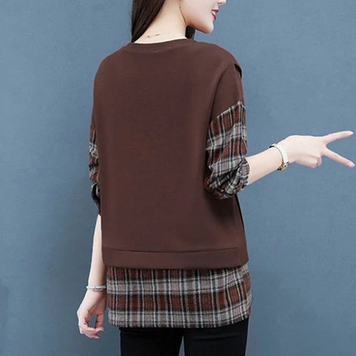 Autumn Plaid Sweatshirt - Casual Round Neck Long Sleeve Patchwork Top