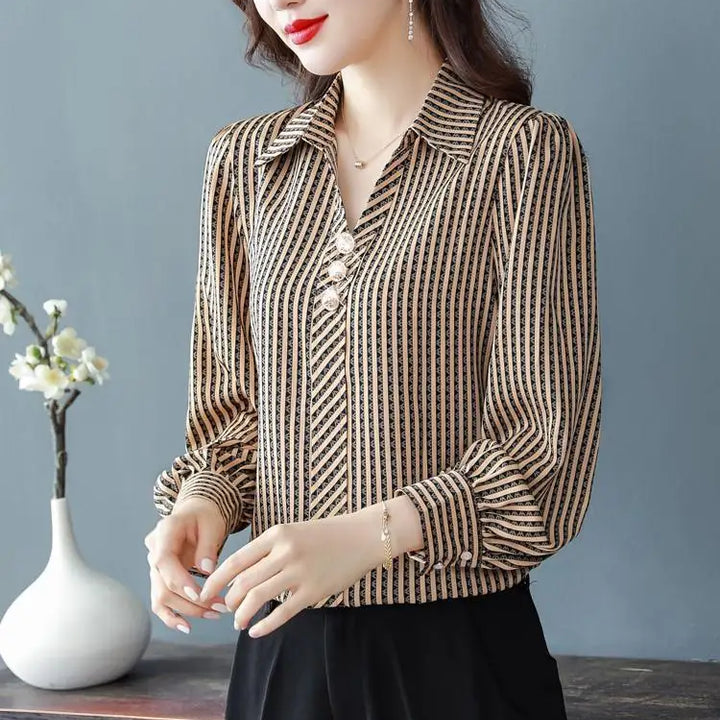 Striped Print Fashion Blouse - Elegant Office Lady Long Sleeve Shirt