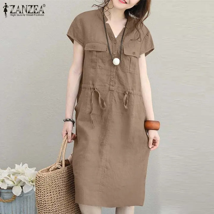 ZANZEA Summer V-Neck Dress - Short Sleeve Drawstring Waist Knee-Length Sundress