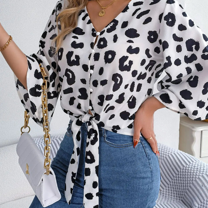 Casual V Neck 3/4 Sleeve Button Front Leopard Print Blouse, Women's Clothing