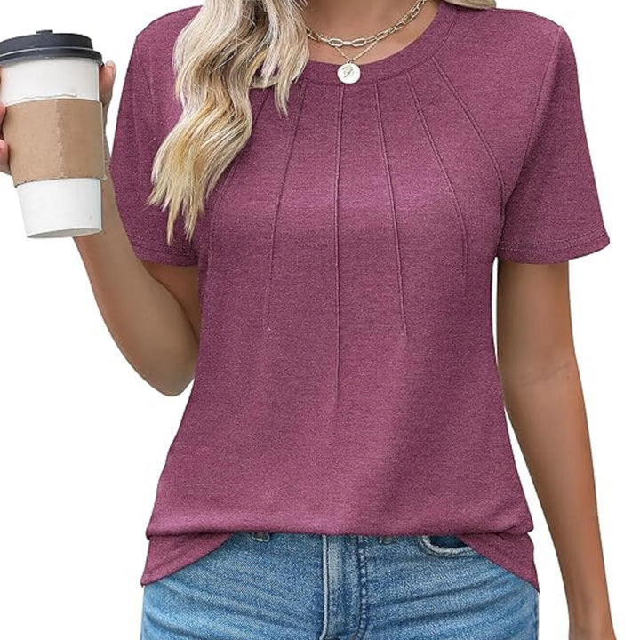 Women's V-Neck Tunic - Puff Sleeve Pleated Casual Summer Blouse