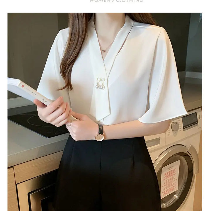 Short Sleeve V-neck Chiffon Blouse - Breathable Slim Elegant Summer Office Top