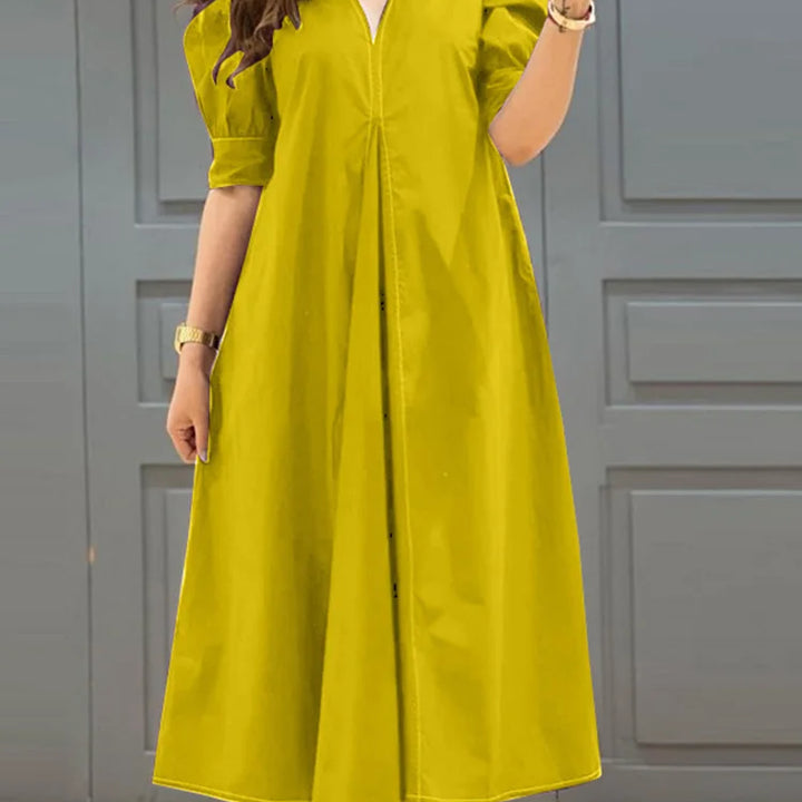 ZANZEA V-neck Pleated Midi Dress with puff sleeves, loose fit